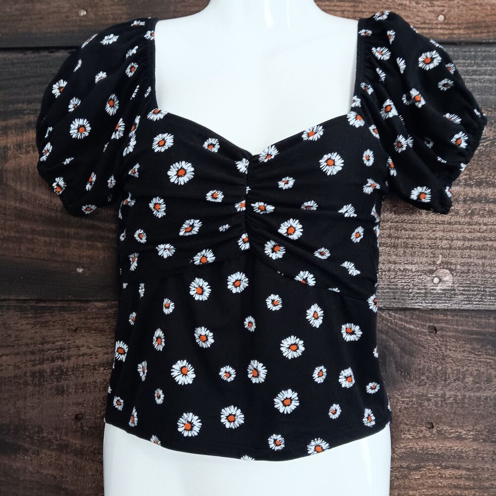 Black Sweetheart Neck Puff Sleeve Ditsy Floral Top Boho Chic Cottage Core Y2K